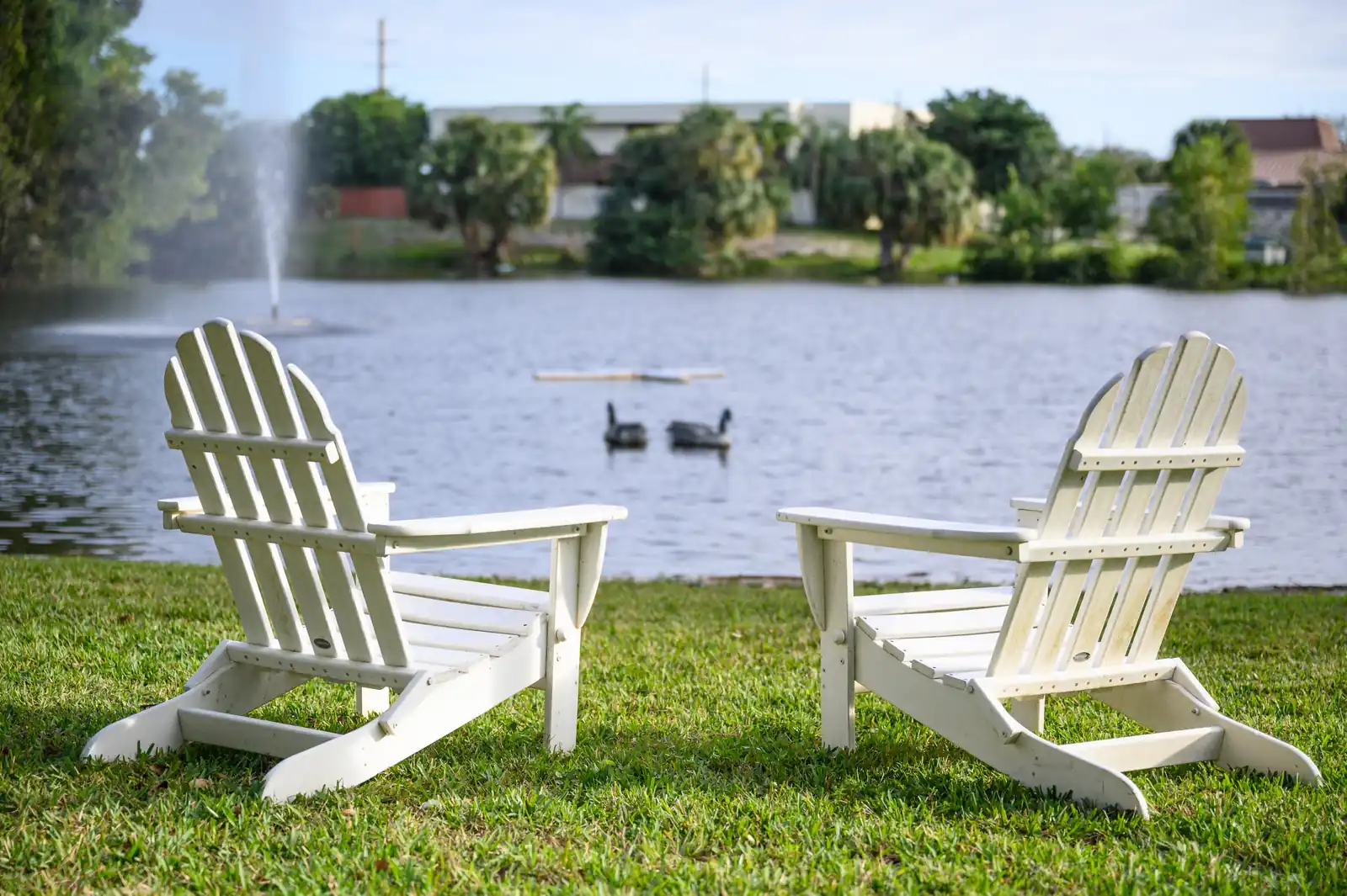 Two Adirondack chairs facing the lake on the Hanley Center campus