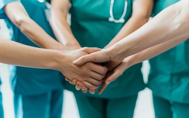 Clinicians in scrubs joining hands